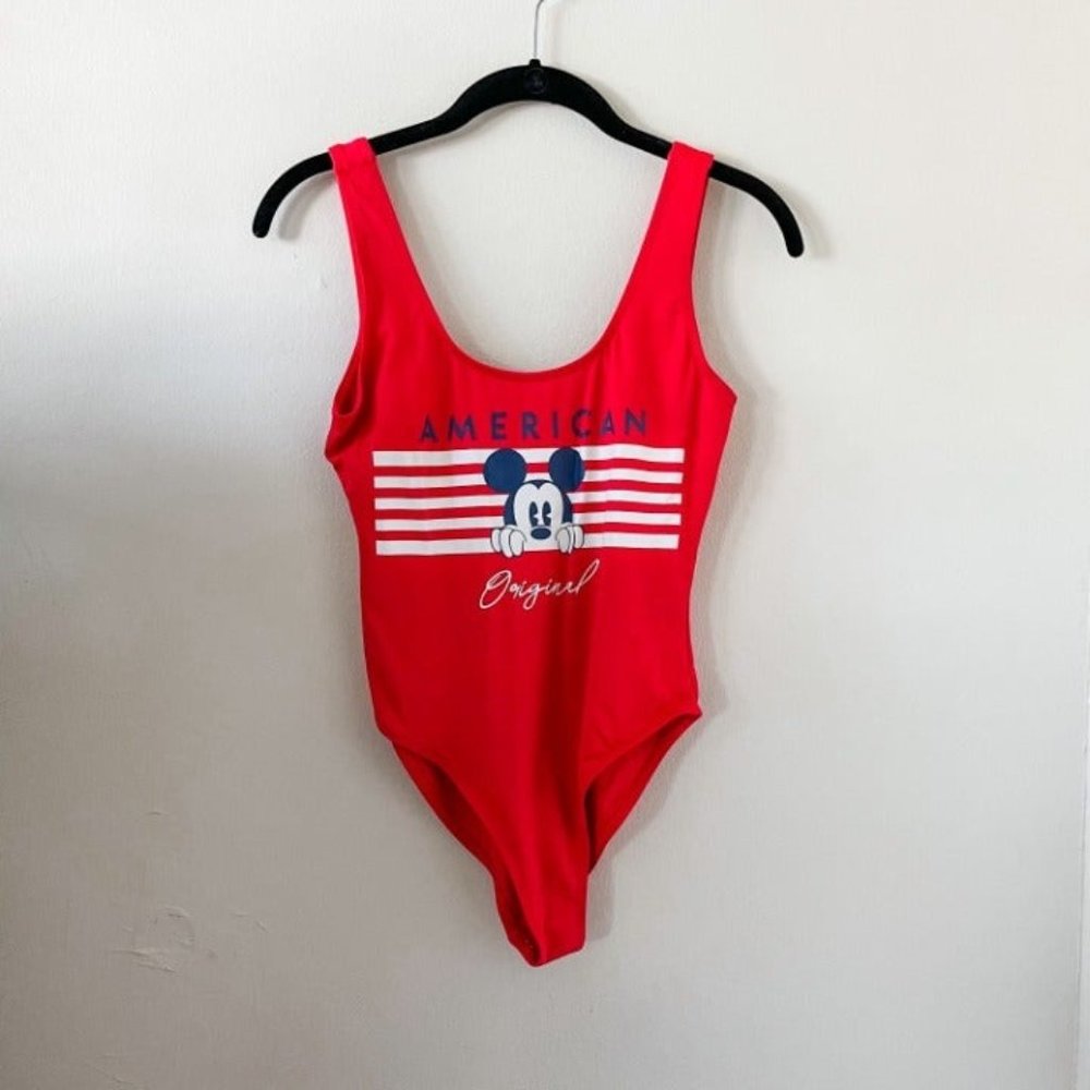 Disney Red One-Piece Swimsuit with Navy Mickey Graphic